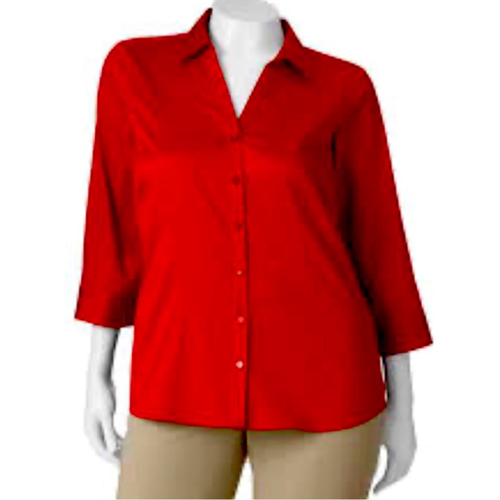212‎ Collection woman stretch 1X cherry RED v neck 3/4 sleeve button up